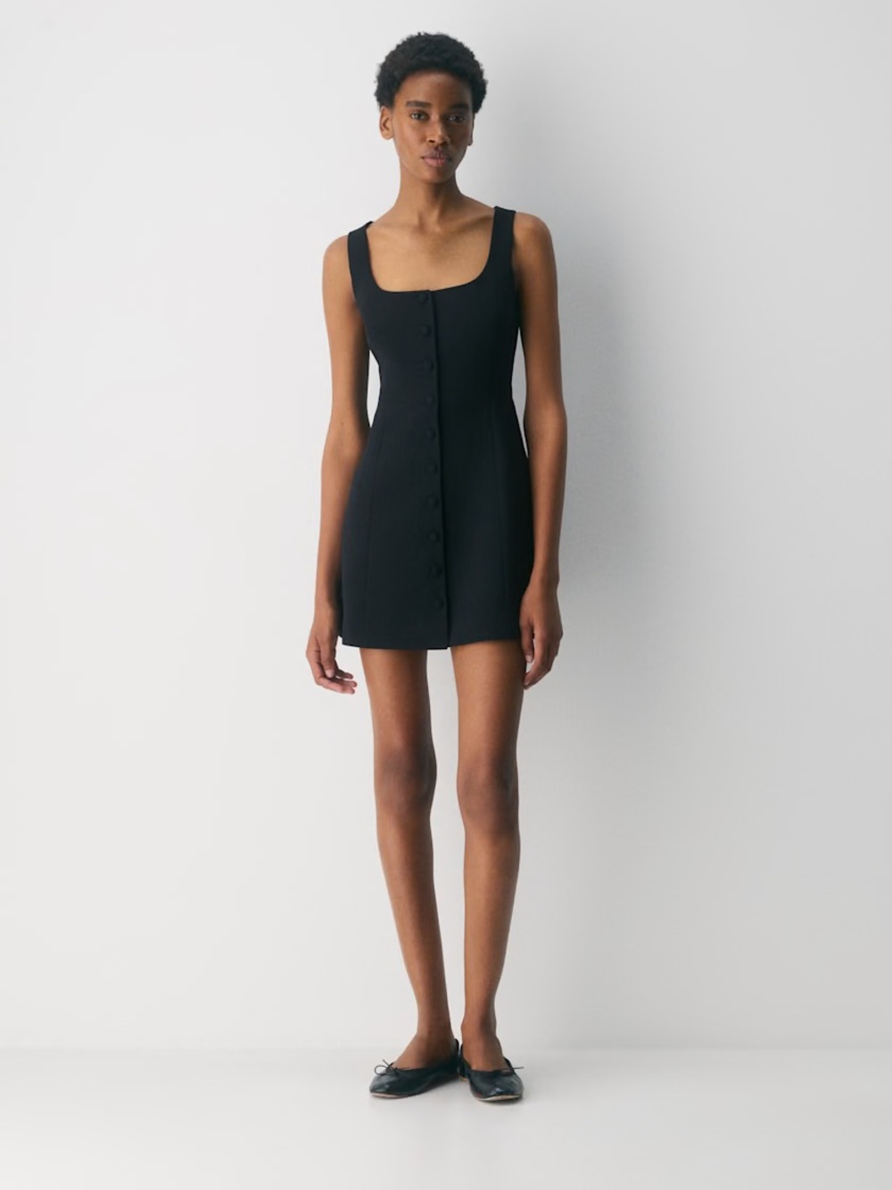 Black Crepette Square-Neck Button Front Mini Dress